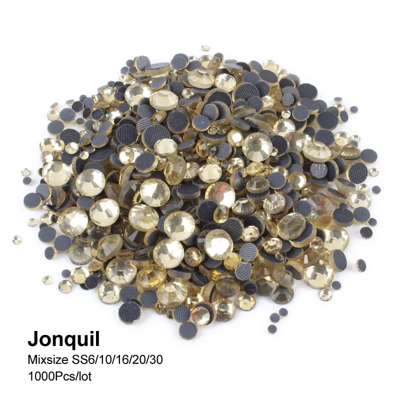Jonquil Горячая Распродажа, разноцветные блестящие стразы с горячей фиксацией, SS6-SS30, стеклянные стразы с плоским основанием, 1000 шт., украшение для одежды, сделай сам - Цвет: Jonquil