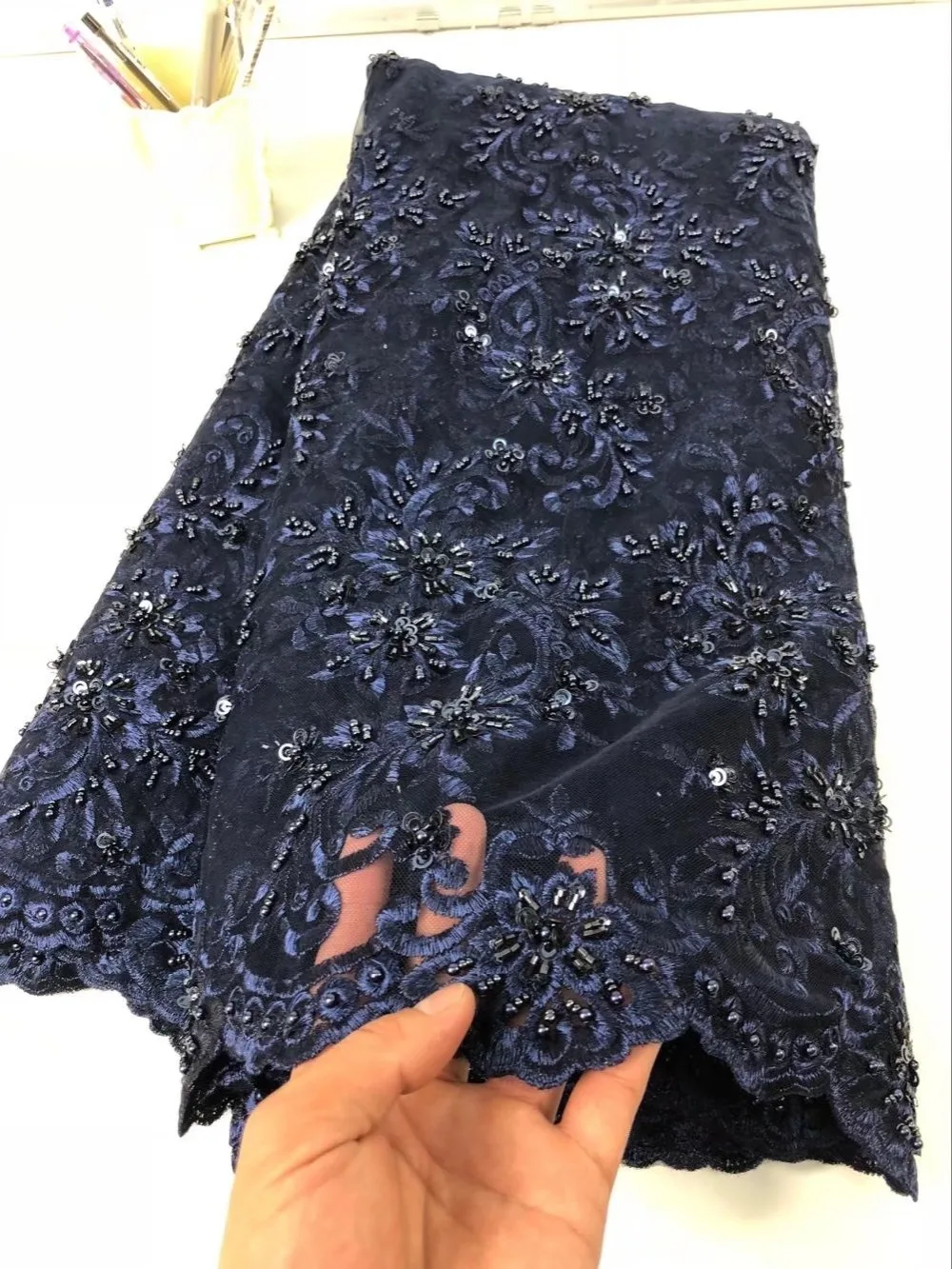 Hot Sales Newest Arrival Top Quality Handmade Embroidered African Tulle French Lace Fabric with beads Or Party Dress | Дом и сад