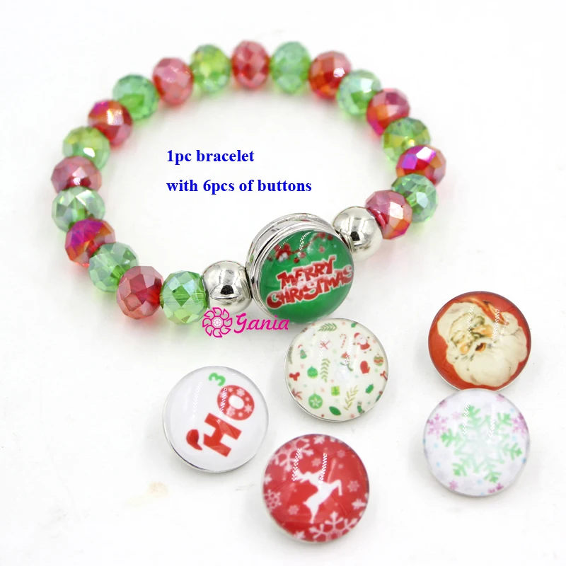1PC Bracelet 6PCS Button Interchangeable 18mm Snap Jewelry Red Green Crystal Beaded Stretch Christmas Bracelets Gifts for women | Украшения