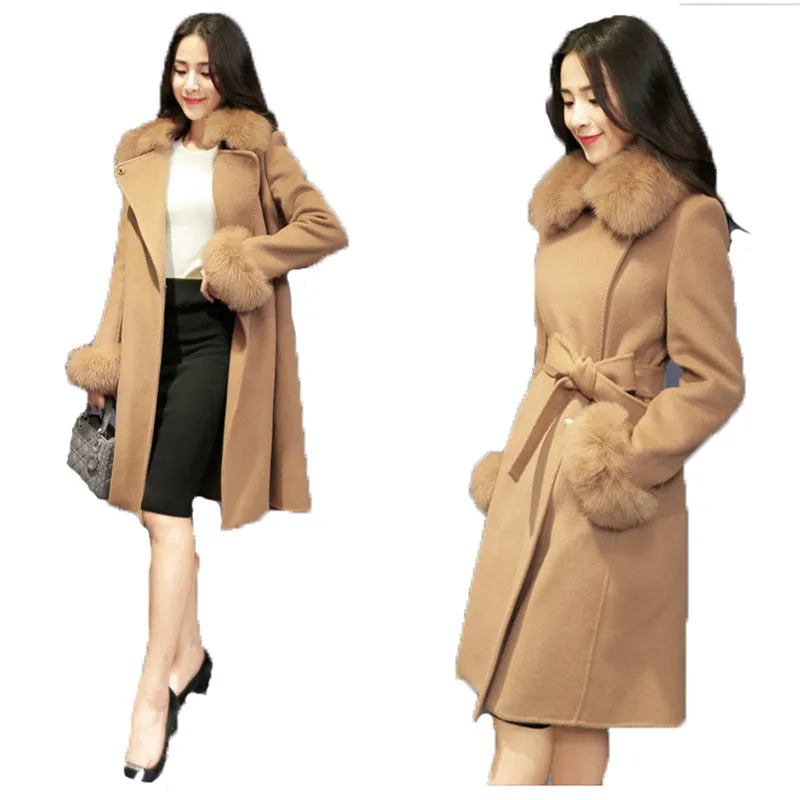 

Woolen coat women yellow gray pink autumn winter new korean long sleeve temperament slim plus thick long warmth clothing JD453