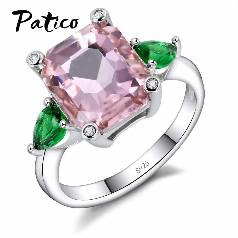 

Women Jewelry Square Cut Pink Green Fashion Wedding Band 925 Sterling Silver Ring For Female Wholesale Simple Bijoux Anel