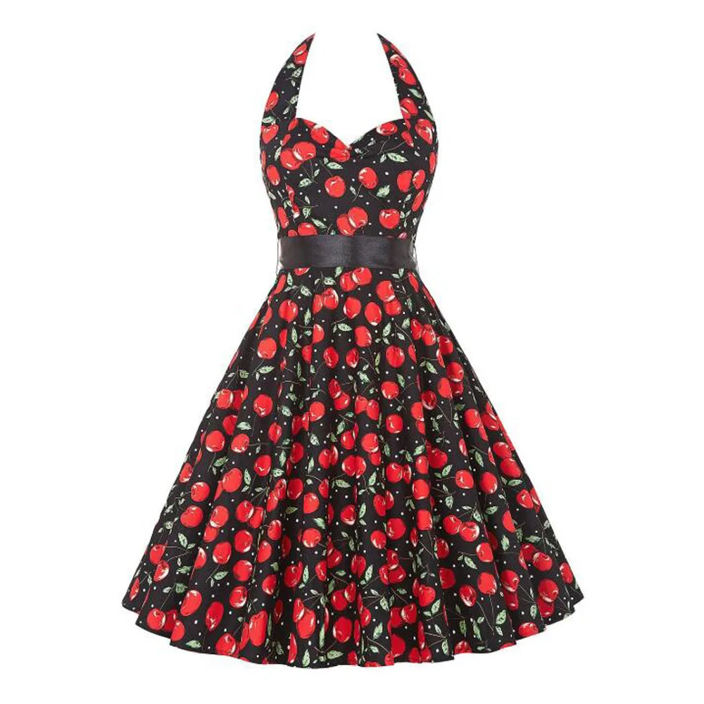 С принтом в виде вишен Винтаж платье Для женщин без рукавов юбка с высокой талией