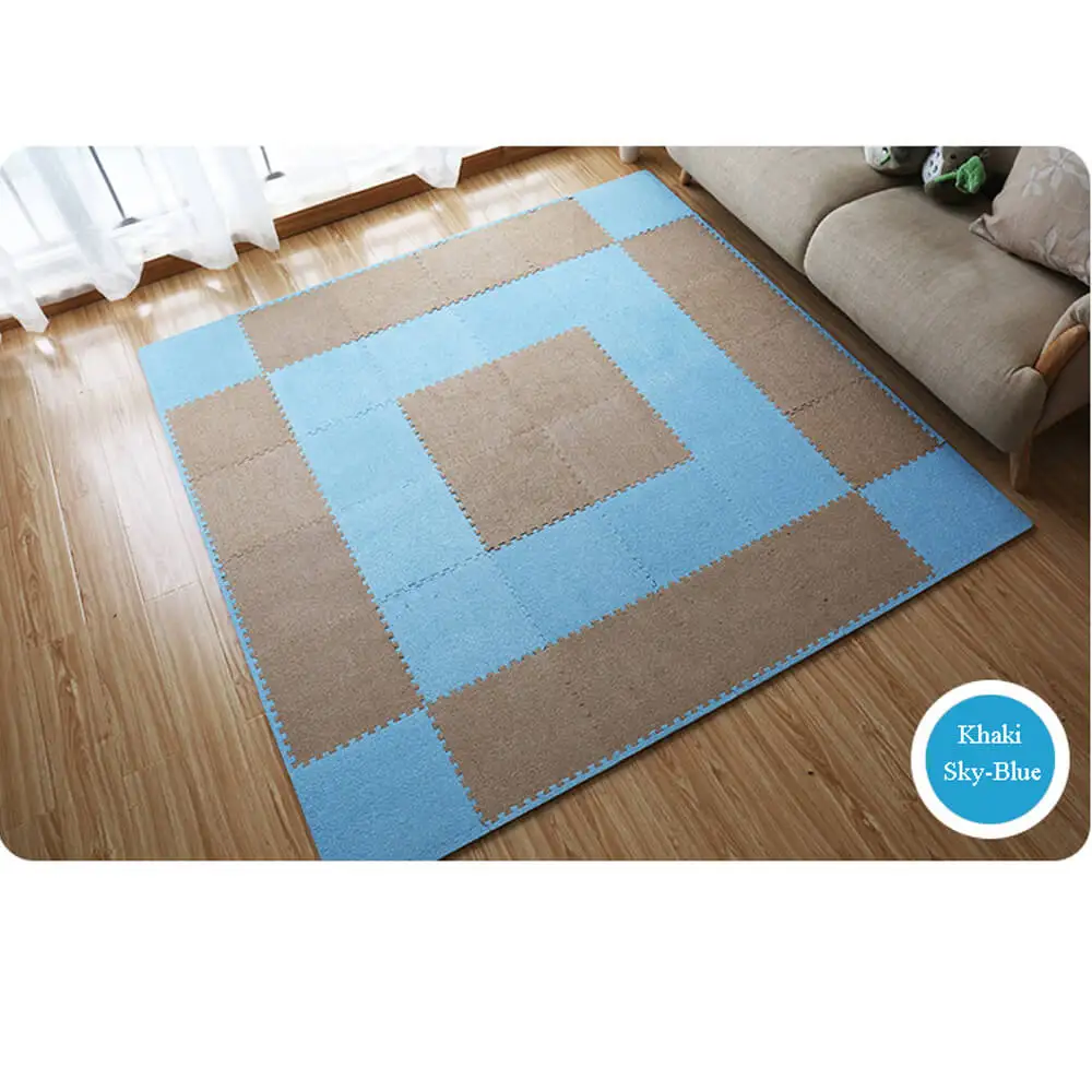 Khaki-SkyBlue Поплавки-приманки из мягкой пены EVA на меху с коротким ворсом головоломка детский игровой коврик кирпечей из глины теплые домашние тапочки из плюша для коврик гимнастический коврик Гостиная татами 30X30X1 см краями 9/16/20 шт - Цвет: Khaki-SkyBlue