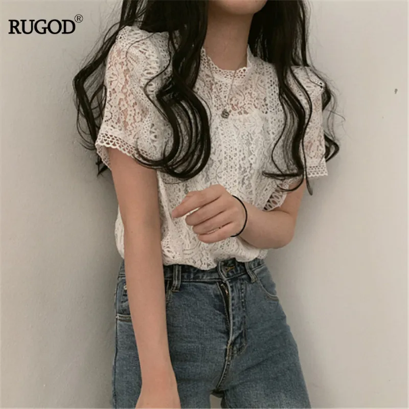 RUGOD, однотонные, открытые, в Корейском стиле, тонкие топы,, новая футболка для женщин, Modis, кружевные, Camisetas Verano Mujer, летний топ ручной работы