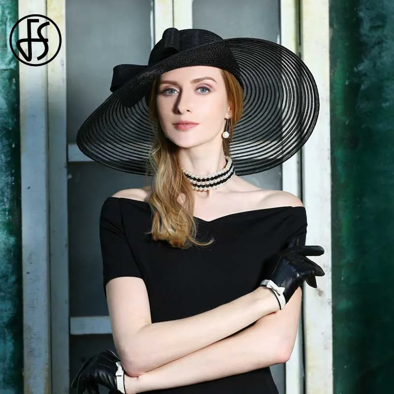 Женская винтажная шляпа FS с широкими полями и бантом черная белая летняя