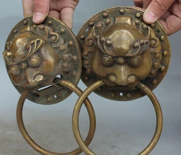 SCY 0 18 см китайская Бронзовая резная маска фэн-шуй Голова Статуя дверь Лев молоток