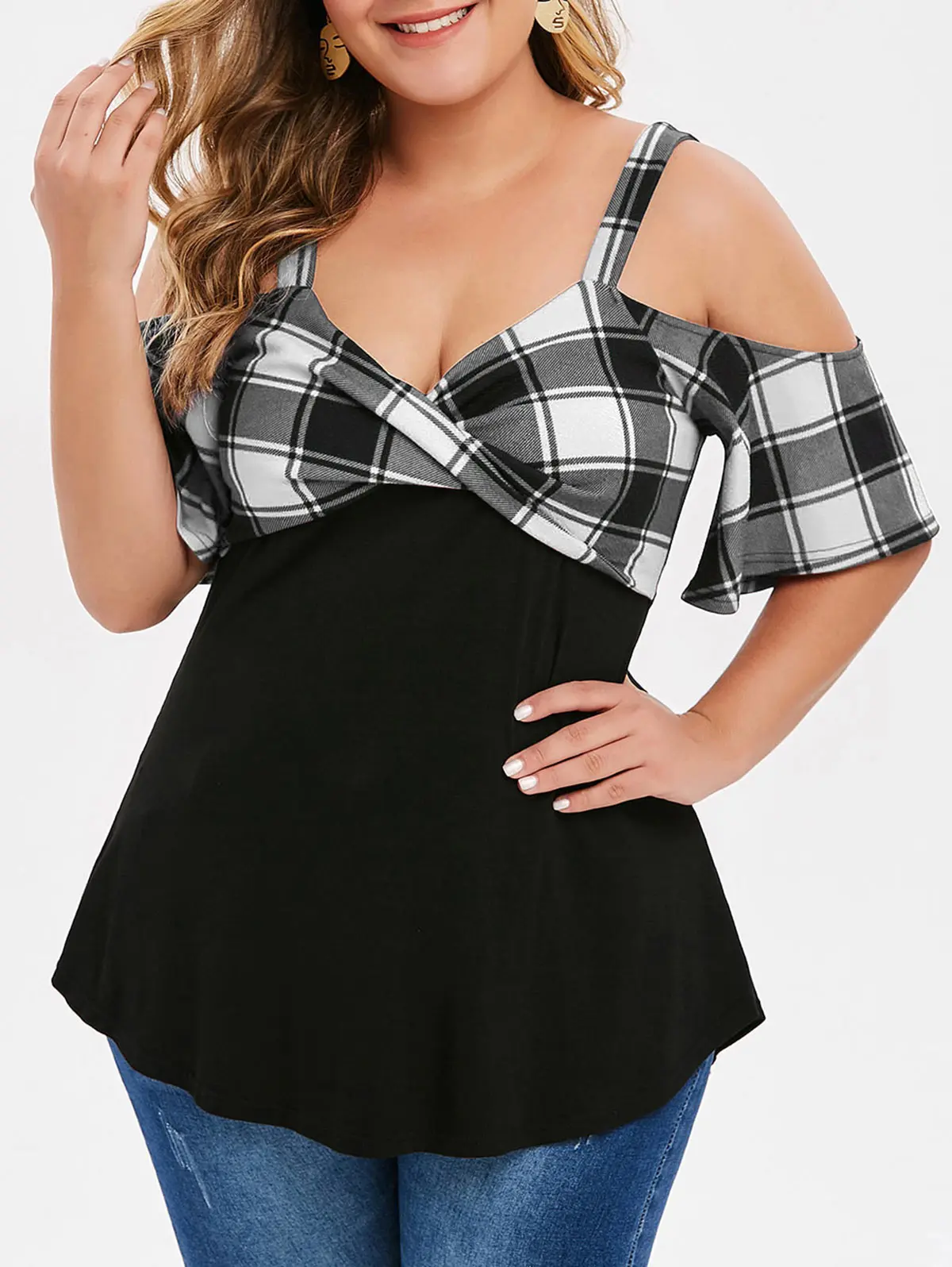 Night Rosegal Plus Size Cold Shoulder Plaid Twist T-Shirts Sweetheart Neck Half Sleeve Women Sexy Plaid Tops Summer Casual Splice Tees - Цвет: Night