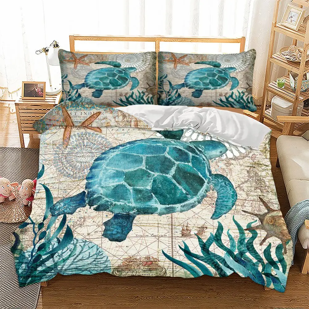 

Free shipping Novelty Gift Sea Grass Starfish Turtle Print Bedding Quilt Duvet Cover Set+Pillow Case Twin Full Queen King Single