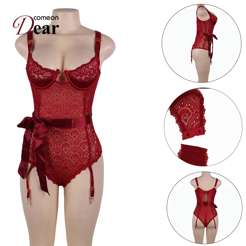 Женское Кружевное боди Comeondear пикантное черного и красного цвета на тонких