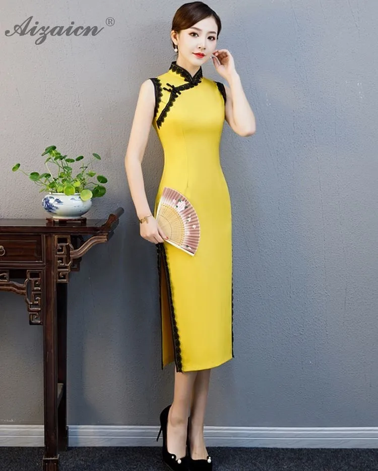 Весна Лето Новые Длинные Cheongsam современные тонкие без рукавов Qi Pao Chinoise желтые кружевные платья женское китайское платье Qipao Robe