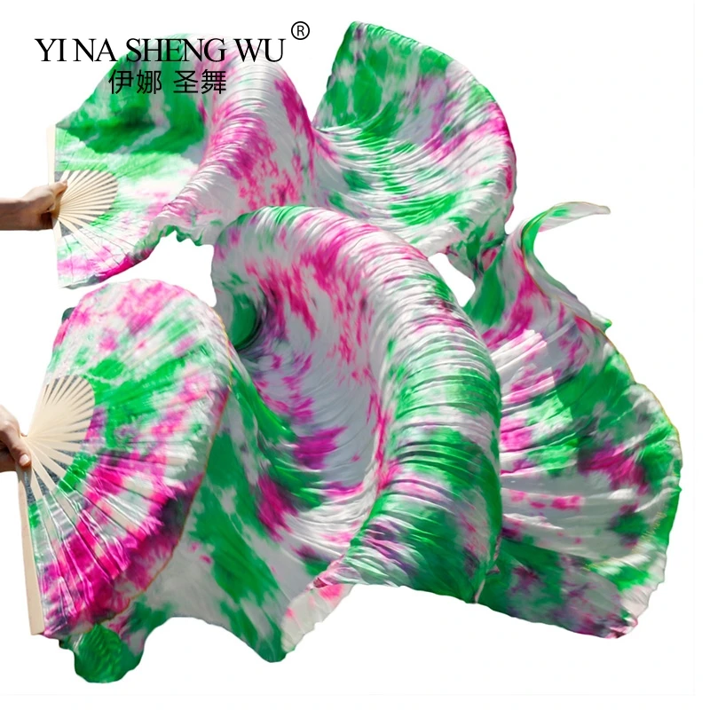 

100% Silk Tie Dyed Belly Dance Fans 180/230x90cm Bamboo Ribs Long Silk Fans Dance Practice Stage Performance Show Mixed Color