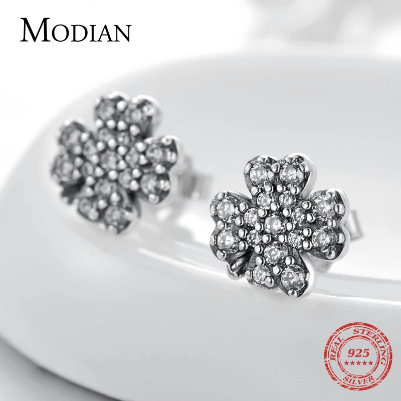 Modian Fashion Exquisite Crystal Jewelry 100% 925 Sterling Silver Flower Clover Zircon Charm Stud Earrings For Women Party Gift | Украшения