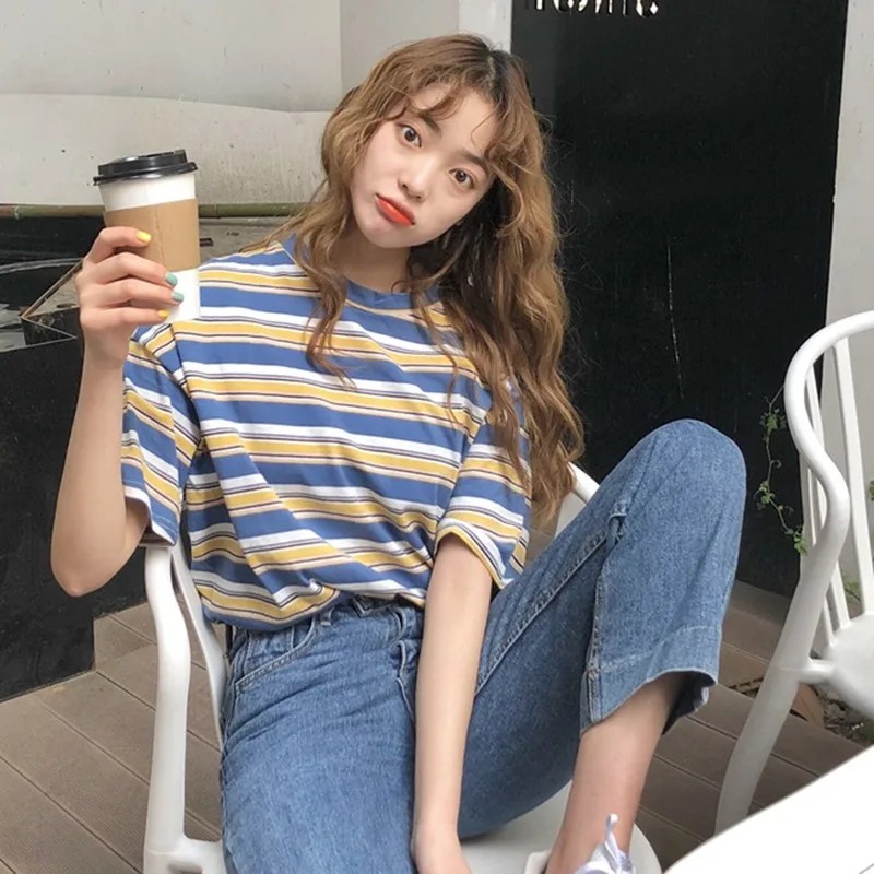 Brand New Summer Casual T Shirt Short Sleeve O-Neck Tee Women's Fashion Striped Loose T-shirt | Женская одежда