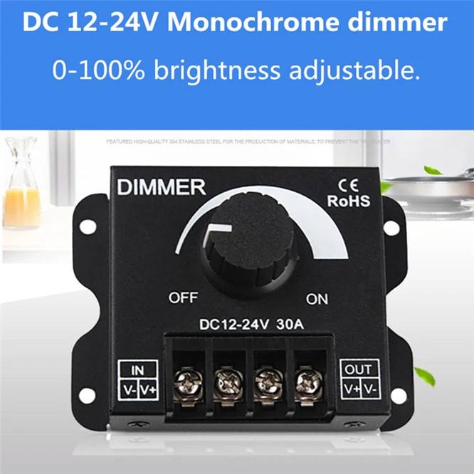 

DC12V-24V LED Dimmer 30A 360W-720W Adjustable Brightness Lamp Strip Light Driver Single Color LED Controller 5050 3528 Tape