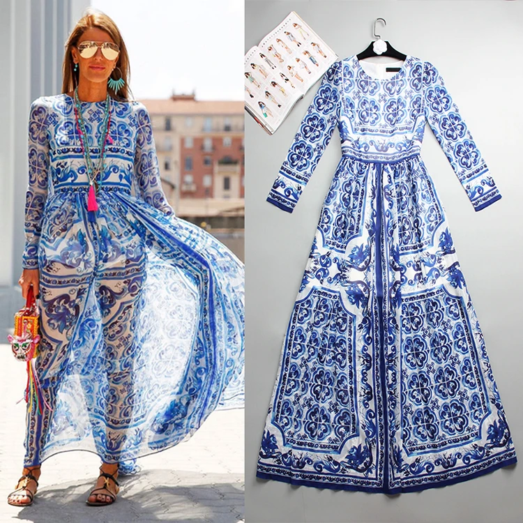 Женское платье с принтом синее и белое длинными рукавами лето-осень 2018 S-4Xl |