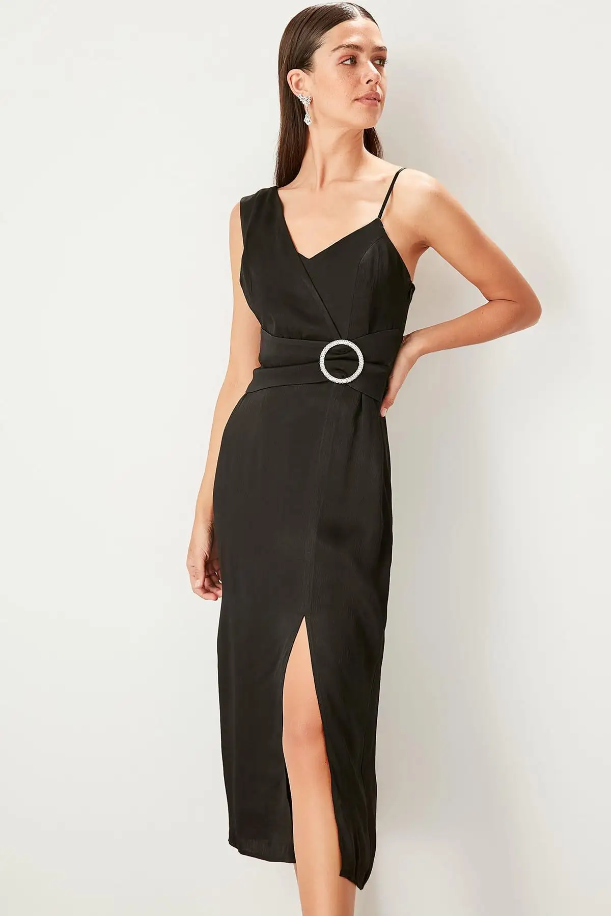 Trendyol черное платье с поясом TPRSS19UZ0070|Женские платья| |