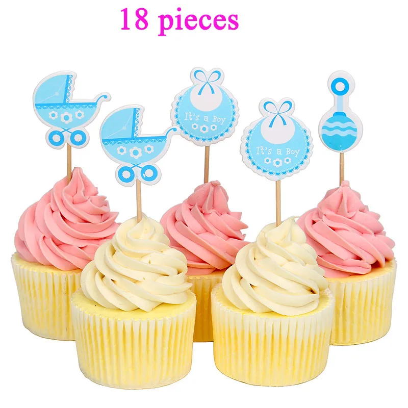18pcs blue toppers Lincaier 18 шт украшения для кексов Babyshower мальчик девочка вечерние украшения его девушка для вечеринки в честь рождения мальчика поставки пол раскрывает - Цвет: 18pcs blue toppers
