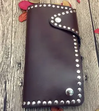 brown long purses Винтажный Мужской кошелек-портмоне из искусственной кожи, в стиле панк, с заклепками, с застежкой, кошельки для монет, мужской повседневный клатч, черный, кофейный - Цвет: brown long purses