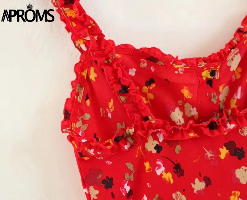 Aproms/короткое шифоновое платье с красными оборками и цветочным принтом; женские летние туфли с ремешками; облегающее платье; 90 s; кнопки для девочек; мини-платья Vestidos