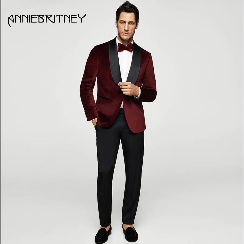 

2018 wine red men suit for wedding evening party velvet custom blazer satin shawl lapel classic jacket slim fit formal 2 piece