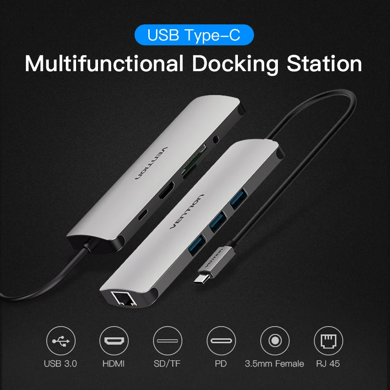 Конвертер Vention usb type C в HDMI VGA USB 3,0 PD мощность 3,5 мм аудио RJ45 Ethernet адаптер SD/TF кардридер usb-хаб