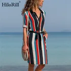 Платье HiloRill женское пляжное в полоску, офисное мини-платье с длинным рукавом, Повседневное платье-рубашка с отложным воротником, лето 2021