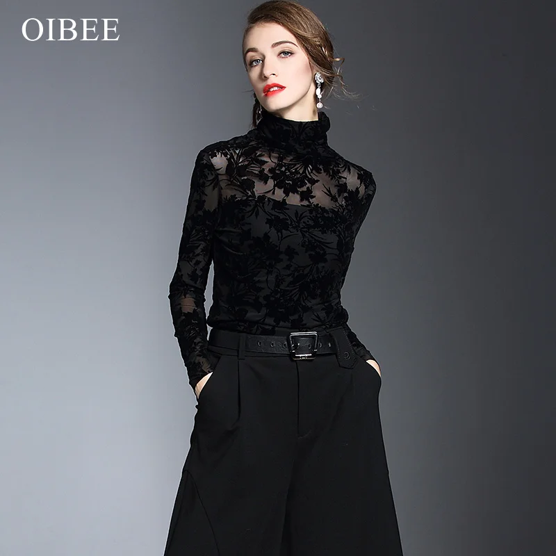 black OIBEE2019 Новинка весны высокого с высоким воротником, воротник-стойка, чистый хлопок кружева выдалбливают пикантные черные сапоги рубашка с длинными рукавами - Цвет: black