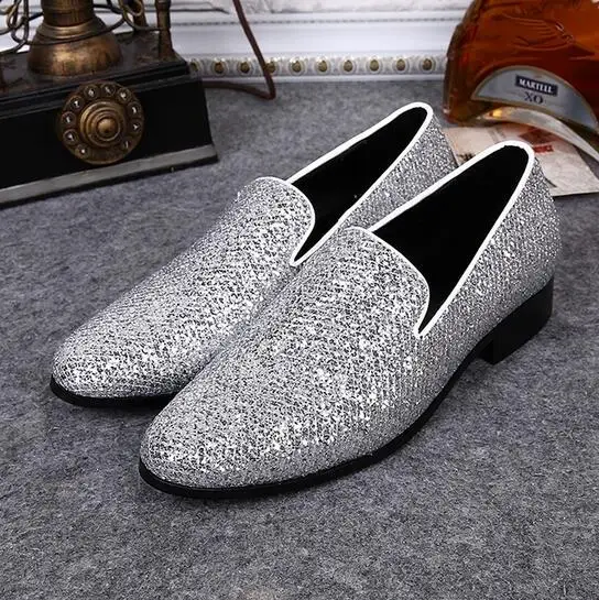 Mens Silver Shoes Chaussure Homme Slip On Mocassin Men Loafers Casual Flats Glitter Mens Wedding Shoes Oxfords