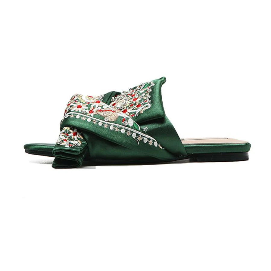 

Stylesowner Big Bowtie Satin Summer Flat Slipper Shoe Butterfly-knot Flower Printing Slip On Casual Sandal Shoe Open Toe Green