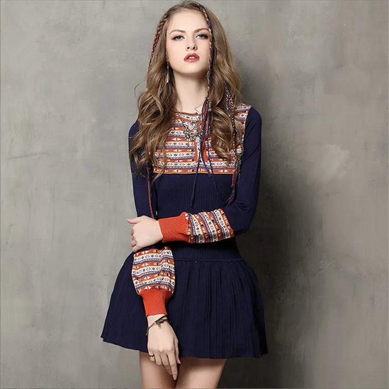 Винтажное высокое качество зимнее теплое хлопковое платье с длинным рукавом