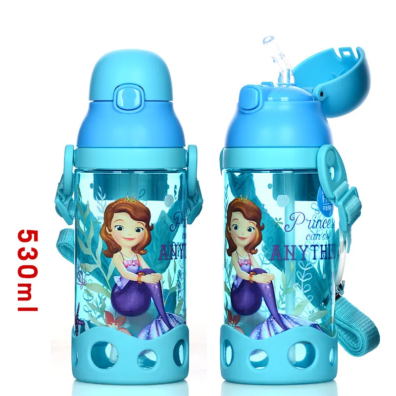 Blue Sofiya-530ml Дисней 500 мл 600 мл прямая Питьевая принцесса Винни автомобили пластмассы Тур бутылка для воды дети с веревкой - Цвет: Blue Sofiya-530ml