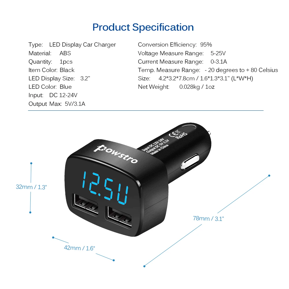 Powstro светодиодный Дисплей двойной Переходник USB для зарядки в машине 5V 3.1A Напряжение ток Температура монитор тестер универсальный для iPhone и Android
