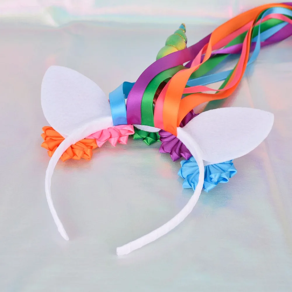 Rainbow Unicorn Headband Girls Toddler Flowers Birthday Party Headbands with Long Ribbon Kids Hair Accessories | Детская одежда и