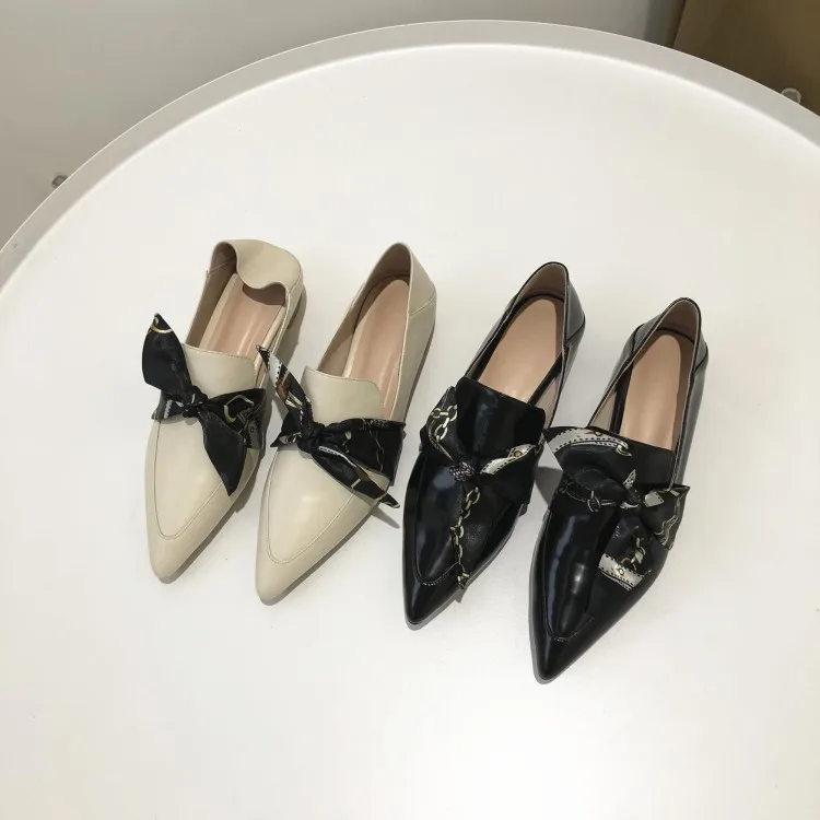 MLJUESE/Женская обувь на плоской подошве из мягкой коровьей кожи с бантом острым