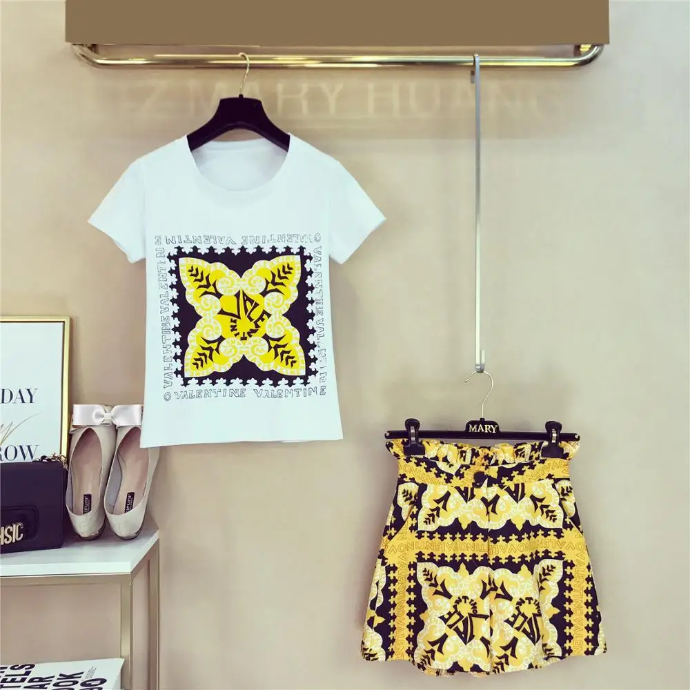 2019 летняя модная женская футболка с короткими рукавами и круглым вырезом + юбка