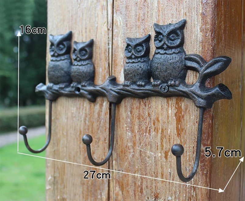 

European Vintage Four Owls On Branch Design Cast Iron Wall Decor Hook with Three Hangers
