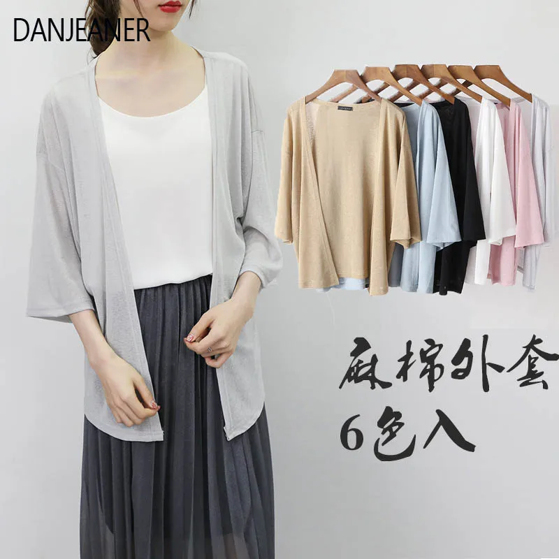 

Корейский Модный хлопковый кардиган DANJEANER с коротким рукавом, женская тонкая рубашка для кондиционирования воздуха, свободная шаль, пальто,...