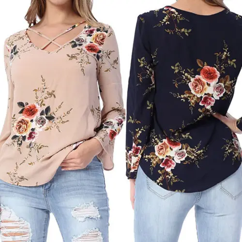 Женская хлопковая рубашка с V образным вырезом и длинным рукавом|Блузки| |