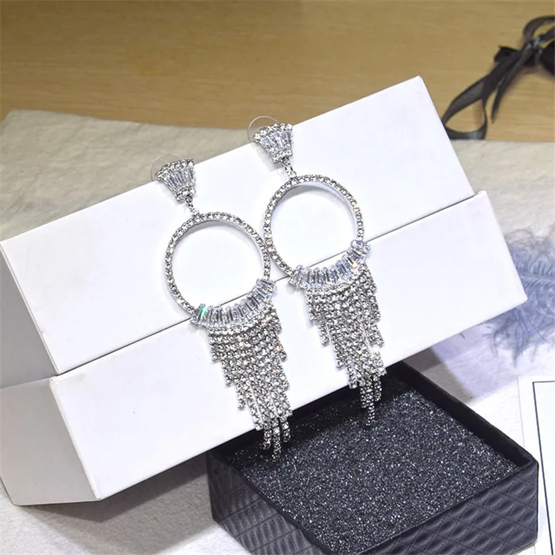 Ajoдрагоценность Bling Кристалл Циркон длинная цепочка кисточкой Висячие серьги Круглый Круг для женщин Роскошные Длинные серьги вечерние ювелирные изделия Bijoux