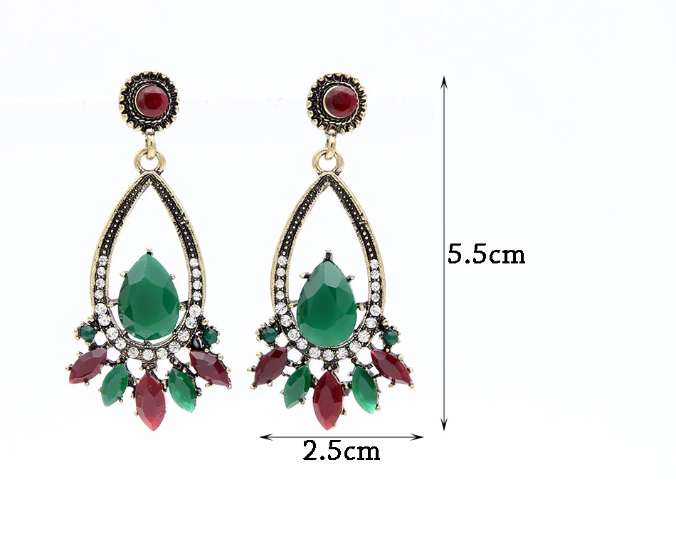 Classic Bohemia Women Green Resin Flower Long Red Dangle Earrings Antique Gold Color Arabesque Ethnic Drop Glass Earring Bijoux | Украшения