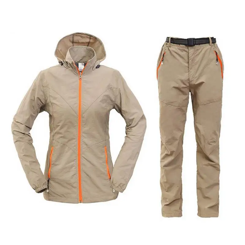 Khaki set Летняя и осенняя одежда для спорта на открытом воздухе, походов, кемпинга, рыбалки, велосипедная куртка, штаны, женская одежда для охоты, Быстросохнущий солнцезащитный костюм - Цвет: Khaki set
