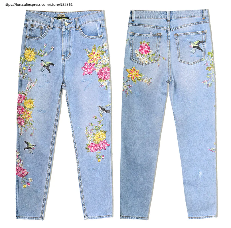 Женские прямые джинсы с вышивкой в виде птиц|Узкие джинсы| |