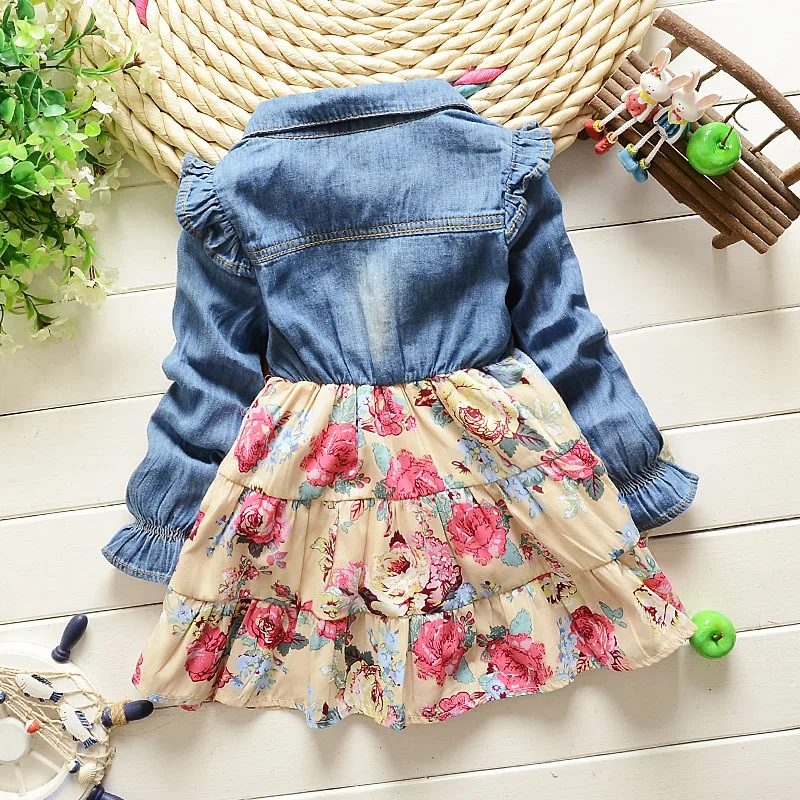 Baby Girls Dress 2021 Children Kids Clothing Denim Jeans Long Sleeve Princess Flora 2 color 1-4 years | Детская одежда и обувь