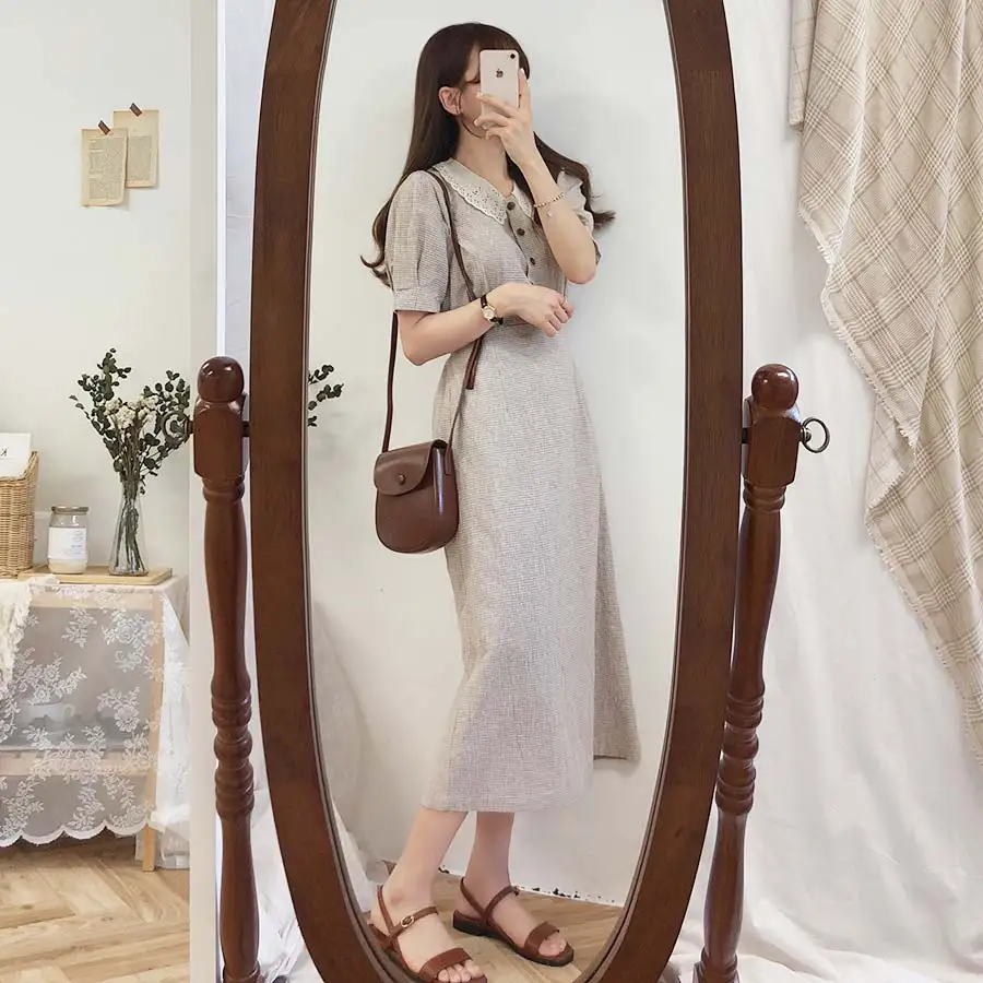 Летнее клетчатое платье в стиле ретро женское облегающее трапеция с завышенной