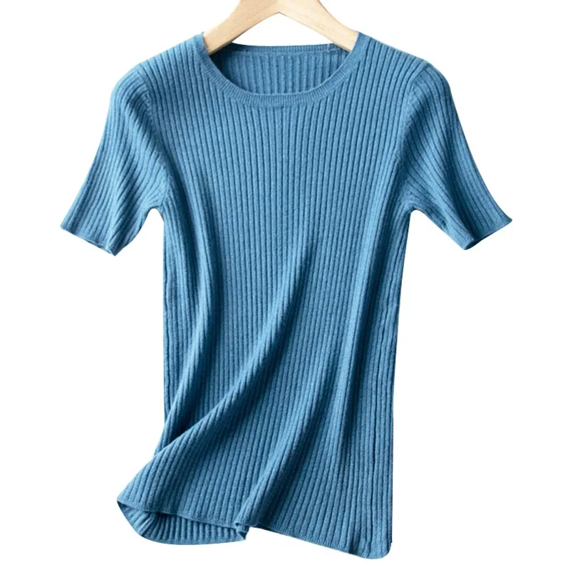 Распродажа летняя женская тонкая эластичная трикотажная футболка в рубчик с