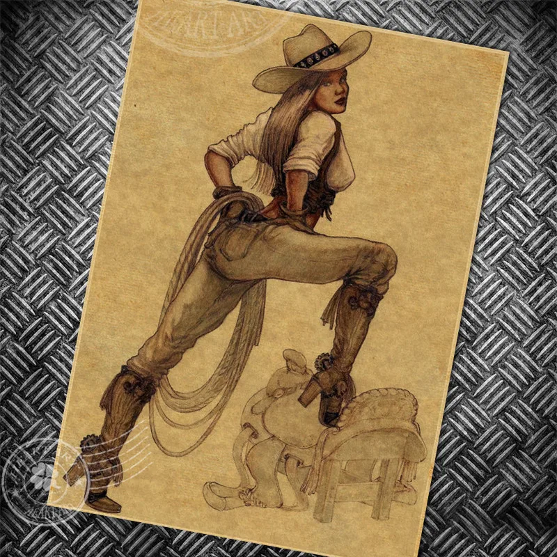 Vintage poster retro painting USA Sexy Girl COWBOY old living room bedroom bar decor wall art picture classic photo 42x30cm | Дом и сад
