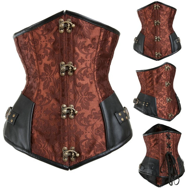 Пикантные коричневые парчи и кожаные заклепки стимпанк грудью корсет сталь Bone