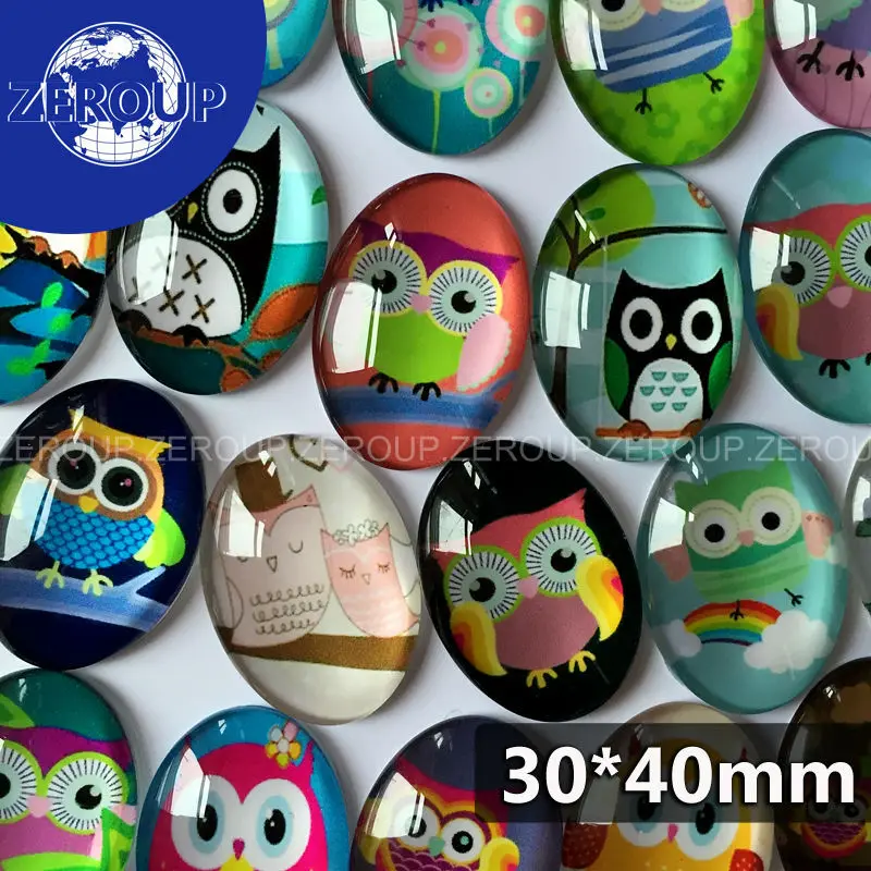 

ZEROUP 30*40mm oval glass cabochon animation owl pictures mixed pattern fit base setting for jewelry flatback 10pcs/lot