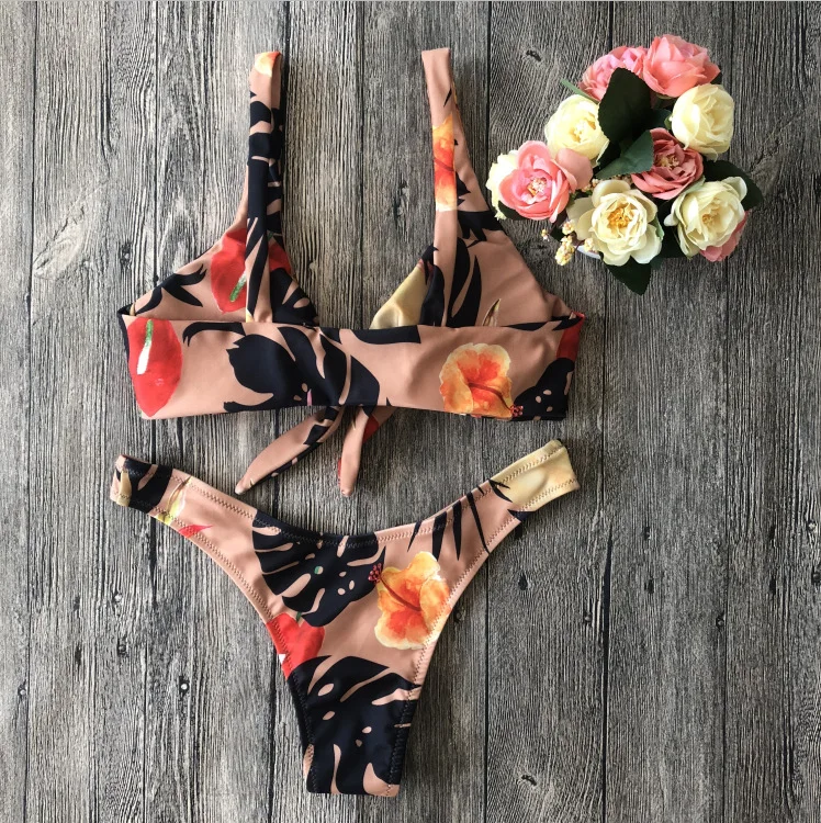 Sexy Wide Strap Shoulder Push Up Brazilian Bikini Set Bowknot Thong Swimwear Women Bandage Swimsuit Tie Knot Front Bathing Suit | Женская