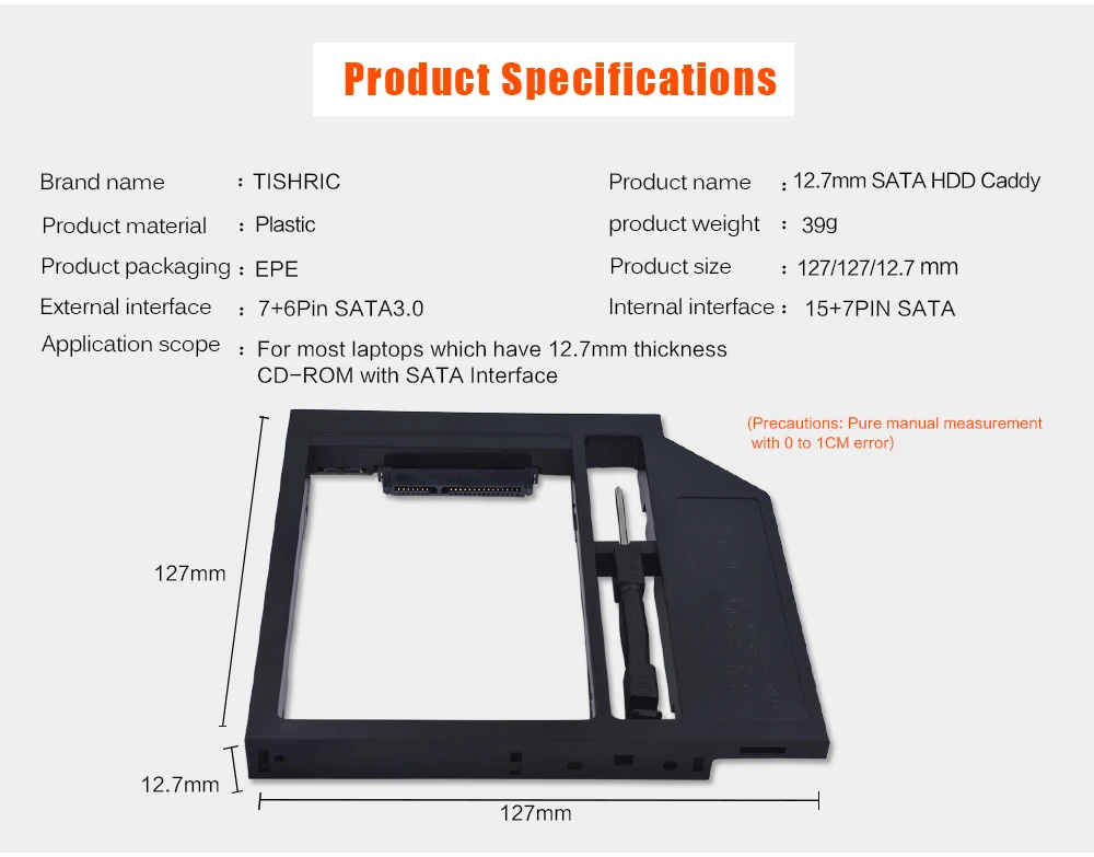 TISHRIC пластиковый универсальный 2nd HDD Caddy 12,7 мм SATA 3,0 Optibay для 2,5 ''2TB жесткого диска SSD чехол Корпус для ноутбука CD-ROM